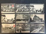plusieurs vieilles photographies en noir et blanc représentant des personnes et des chevaux devant un bâtiment