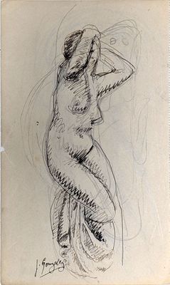 un dessin représentant une femme nue assise sur un tabouret
