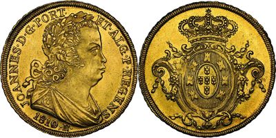 une pièce souveraine en or surmontée d'une couronne