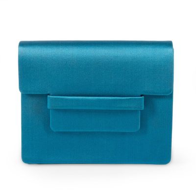 a blue leather clutch bag on a white background