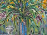 an oil painting of a vase of flowers and a plate of food