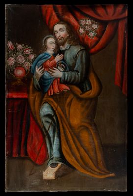un vieux tableau représentant un homme tenant un enfant dans ses bras