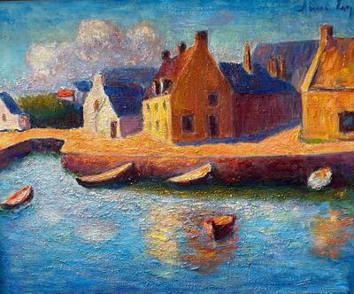 an oil painting of a harbor scene with boats in the water