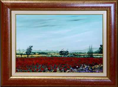an oil painting of a field of red flowers with a lone tree in the distance