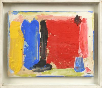 une peinture abstraite représentant un carré rouge, jaune et bleu