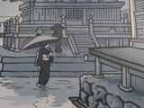 a drawing of a woman walking in the rain with an umbrella