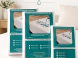trois boîtes de draps posées sur un lit, à côté d'un oreiller