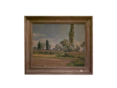 l'image d'un tableau représentant un paysage avec des arbres en arrière-plan