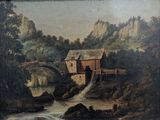 tableau représentant un moulin au bord d'une rivière, avec un pont au premier plan