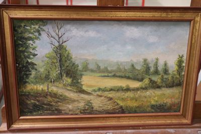 an oil painting of a field with trees in the background