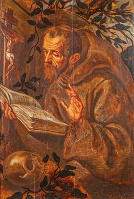 an old painting of a man reading a book in front of a skull