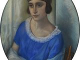 peinture d'une femme en robe bleue assise sur une chaise