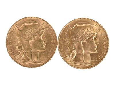 Deux pièces de vingt francs or au coq, 1902 et 1908. Usures. - Photo 1