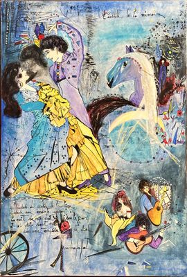 an image of a painting of a woman riding a horse next to a man on a horse