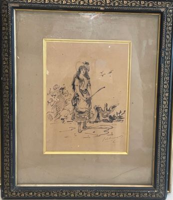 un vieux dessin représentant une femme avec un chien dans un champ