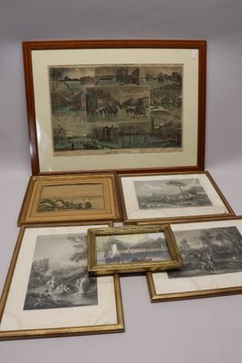 four framed pictures of a river scene and a picture of a city