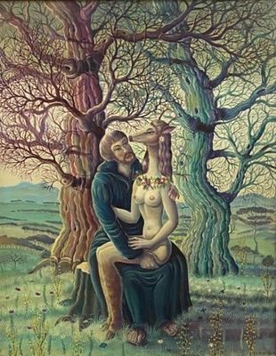 une peinture à l'huile représentant un homme et une femme assis dans un champ