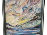 une peinture représentant une peinture de nuages au-dessus d'une étendue d'eau