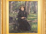 an oil painting of a woman sitting on a bench in a park