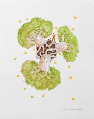 tableau représentant une femme à cheval dans le ciel, entourée d'arbres et d'étoiles