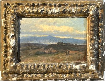 peinture représentant un paysage, dans un cadre doré, sur fond blanc