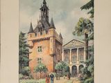painting of a building with a clock tower in the middle of it