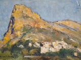 une image représentant un tableau où l'on voit une montagne avec un village au premier plan