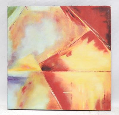 abstract painting of orange, yellow, and red shapes on a white background