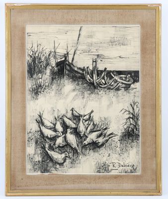 un dessin en noir et blanc représentant un bateau sur la plage
