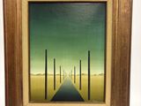 une peinture à l'huile représentant une longue route avec des poteaux au milieu