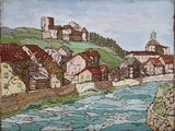 un tableau représentant une rivière traversant une petite ville