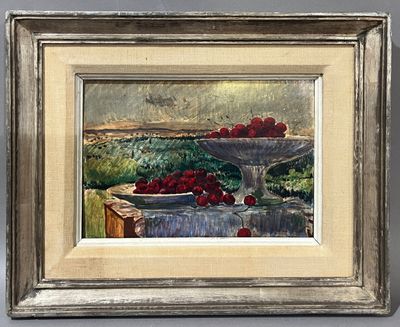 an oil painting of a bowl of cherries on a table with a bowl of cherries in the background