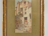 une image représentant un tableau représentant un bâtiment, encadré et accroché au mur