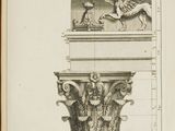 un vieux livre sur lequel figurent le dessin d'une colonne et celui d'un homme à cheval