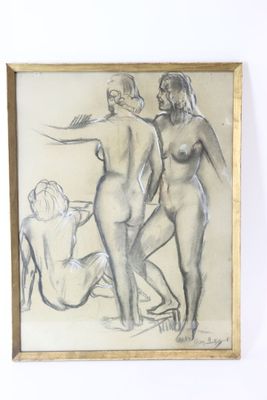 painting of three nudes and a dog in a gold frame