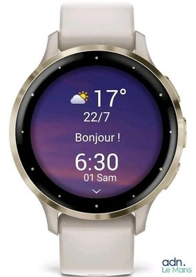 a smart watch with a weather app on the screen