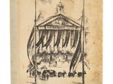 an old drawing of a building with a flag on top of it