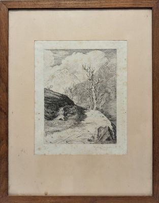 an image of a drawing of a man and a dog in a wooded area