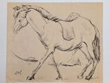 drawing of a horse running in a field with a mountain in the background