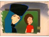 a painting of a man and a woman in a red shirt and black hat