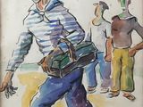 tableau représentant un homme avec une valise et un groupe de personnes derrière lui