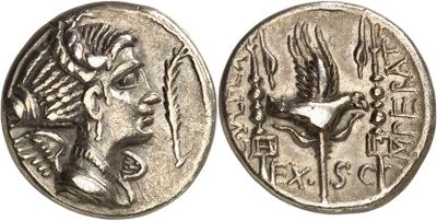 a silver coin with an image of a woman and a bird on it