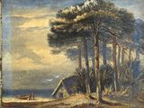 une photo d'un tableau représentant un homme et un chien sur la plage