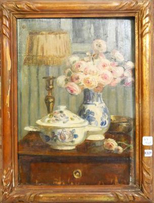 a painting of flowers in a vase on a table