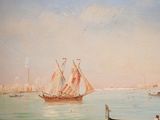 a painting of a boat in the water with people on it