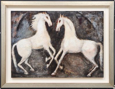 painting of two white horses in a black frame on a wall