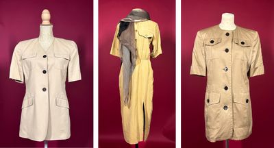 four different styles of dresses on mannequins on display