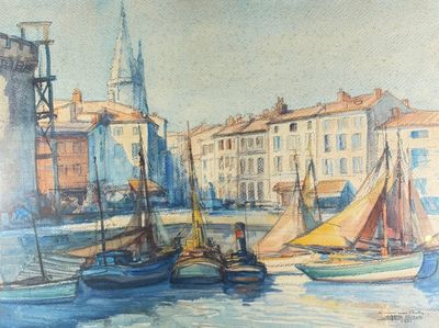 painting of boats in a harbor with a church in the background