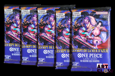 cinq paquets de cartes de jeu de cartes, contenant chacun une carte sur laquelle figure l'image d'un homme tenant une épée