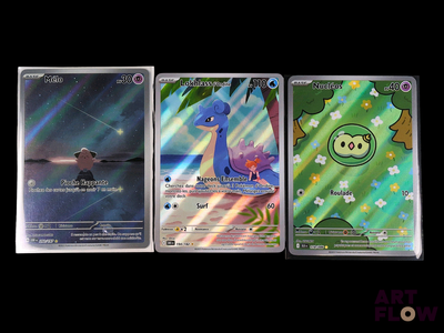 three different pokemon cards on display on a black background